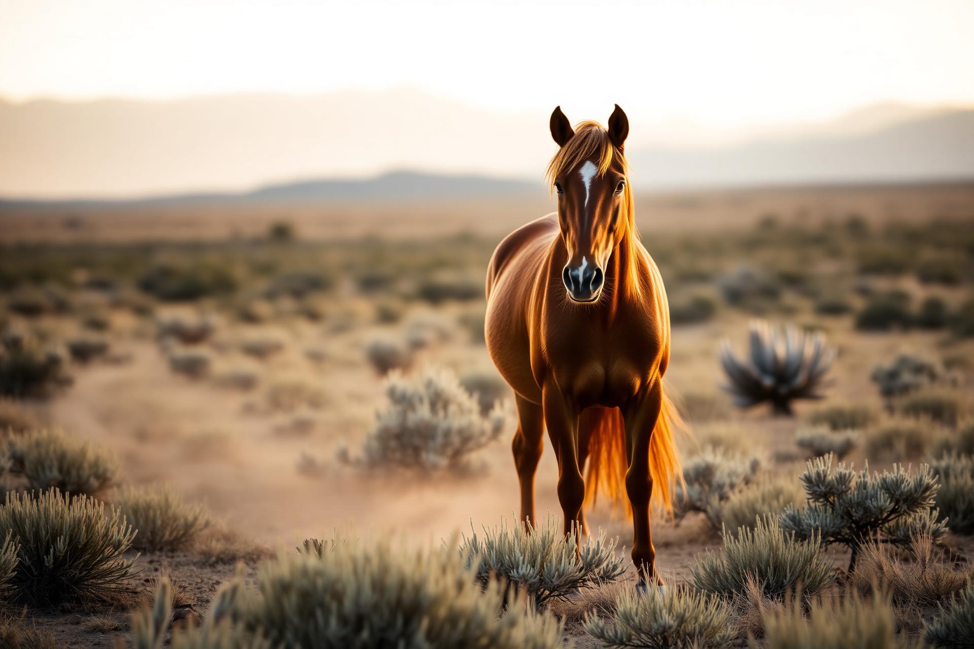 Chestnut horse standing in high desert pasture at golden hour